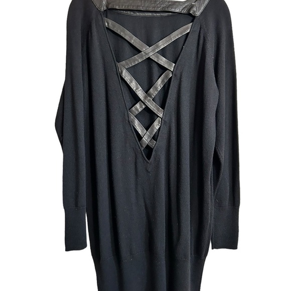 Skaist Taylor Black Wool Sweater Dress Plunge Back Leather Trim Size Large - Picture 6 of 12